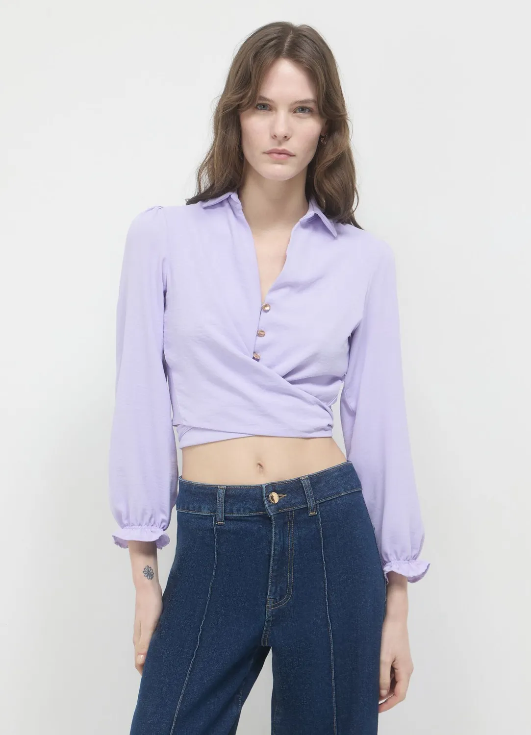 Calliope chemise crop à nœud femme manches longues