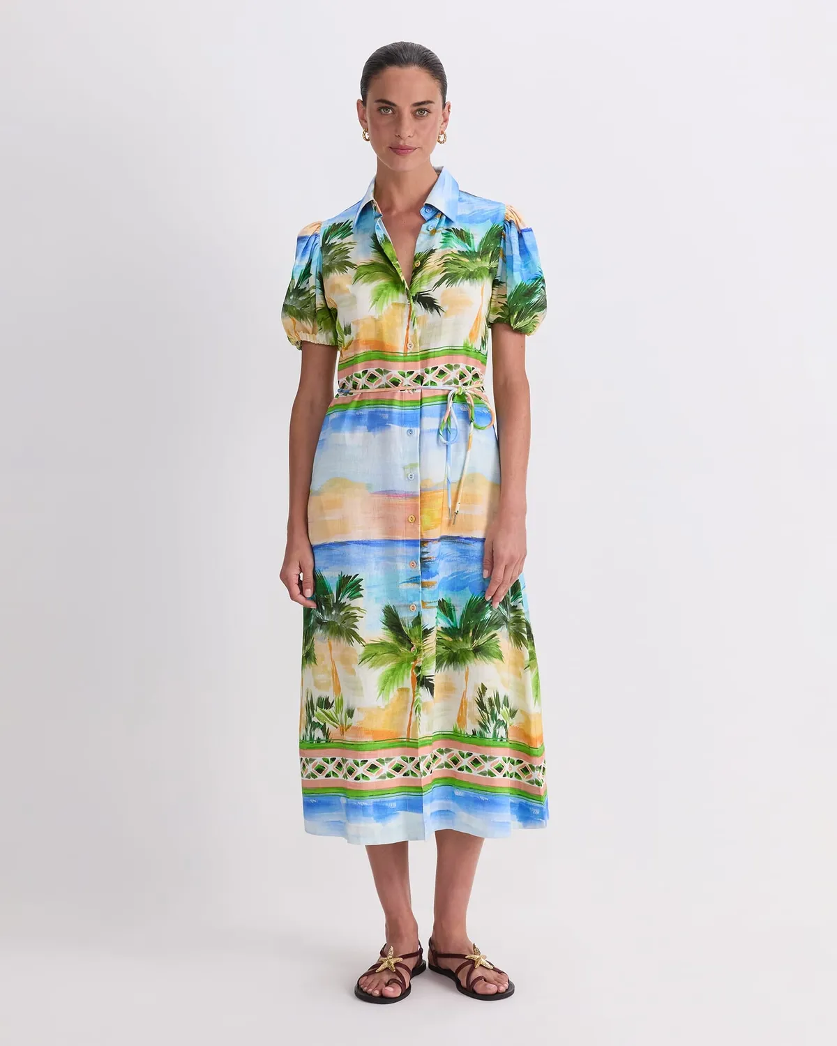 Sportscraft Sunset Palm robe lin imprimé maxi