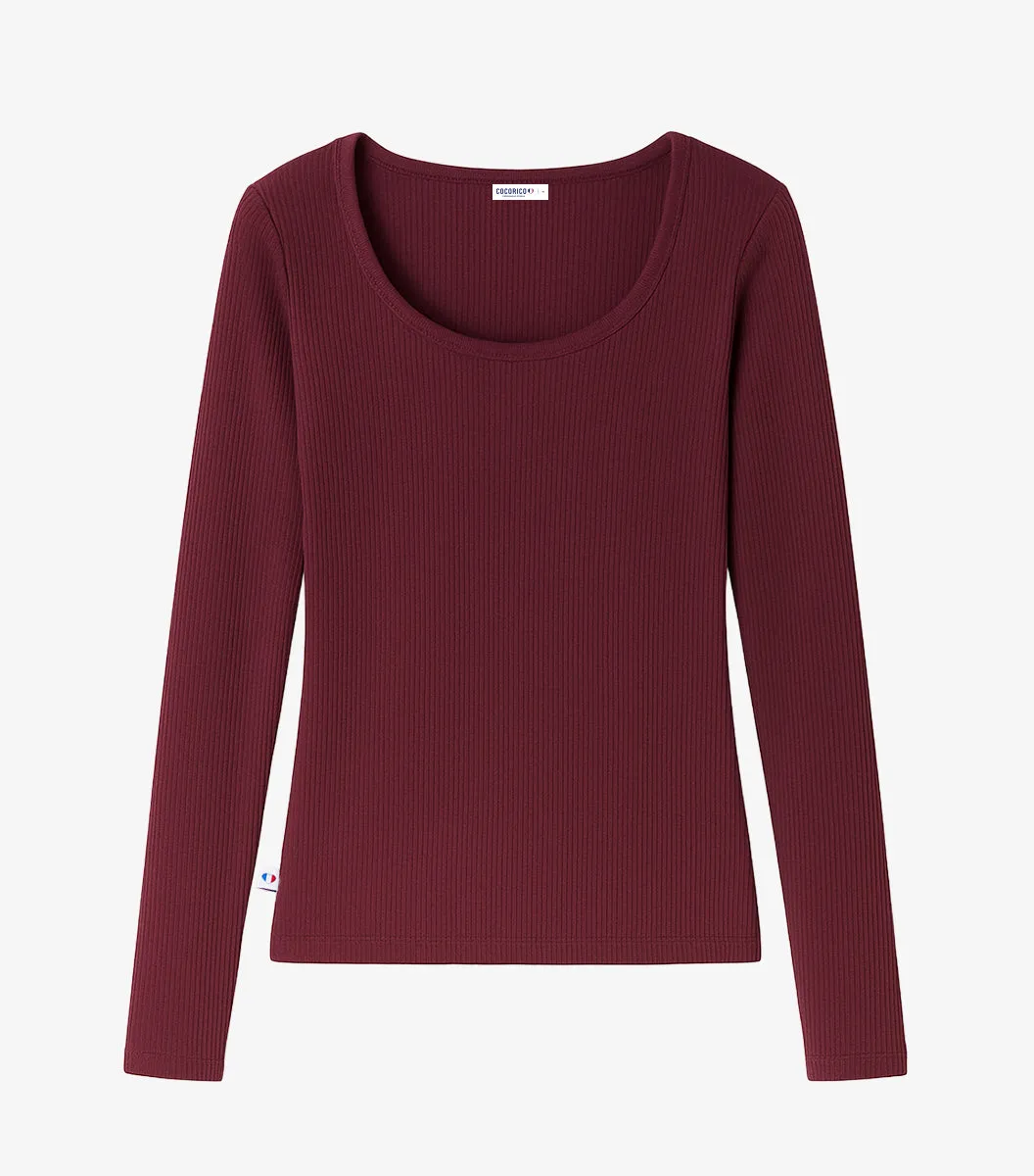 Cocorico Intemporel T-shirt manches longues femme bordeaux côtelé