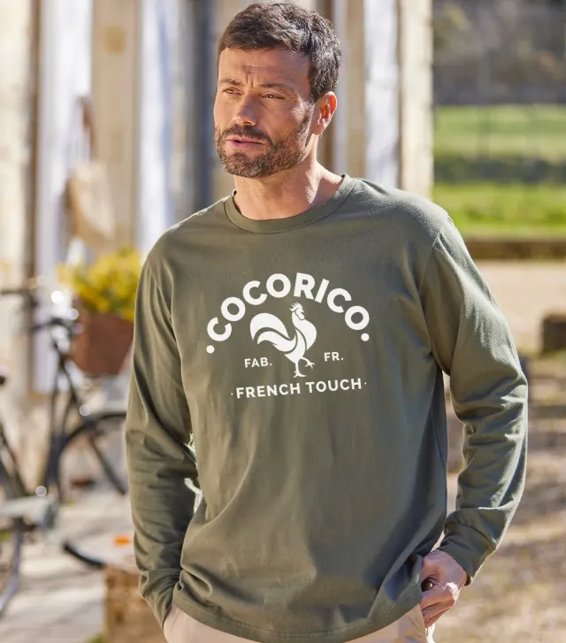 Cocorico Coq Français t-shirt manches longues kaki coton