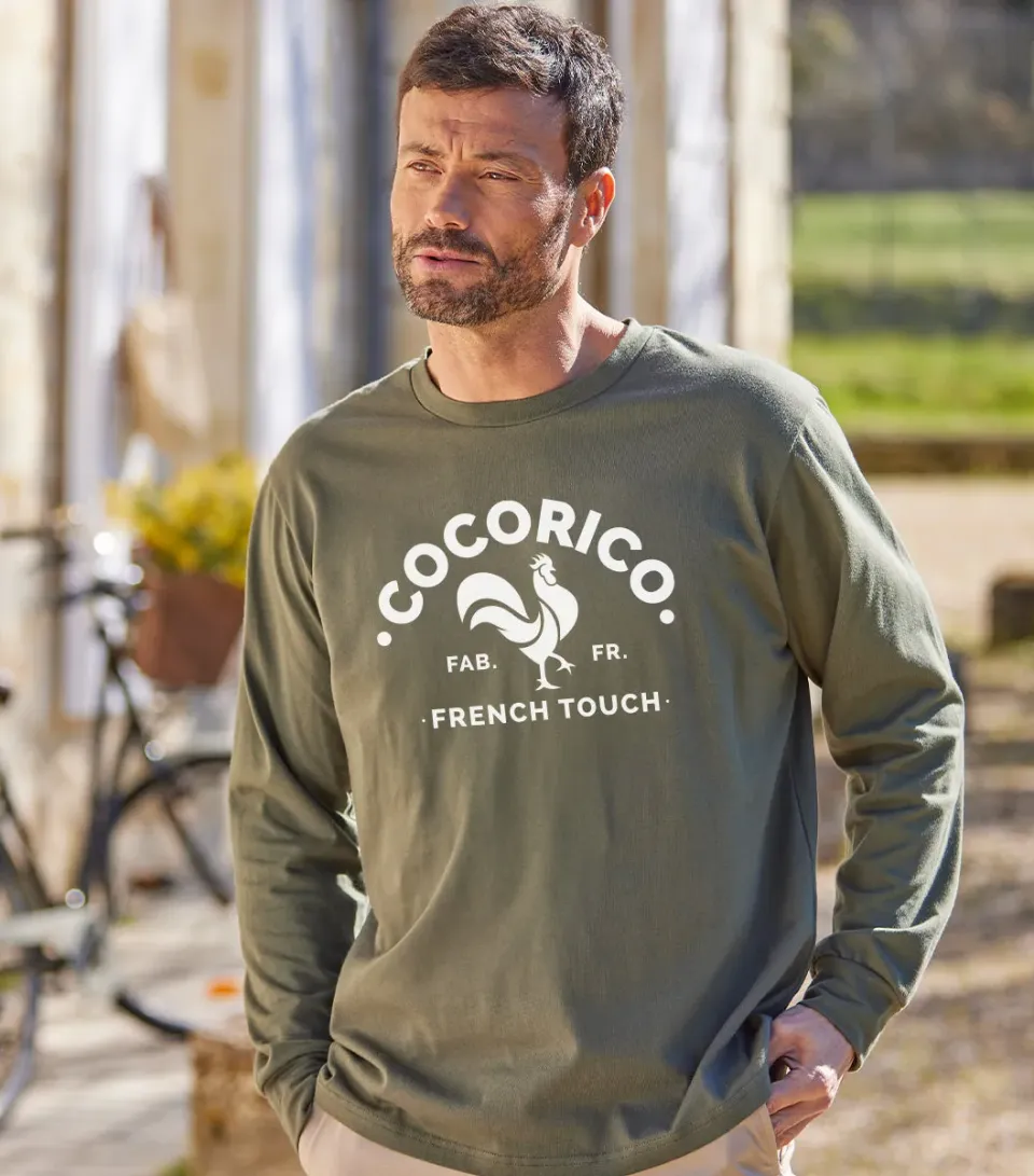 Cocorico Coq Français t-shirt manches longues kaki coton