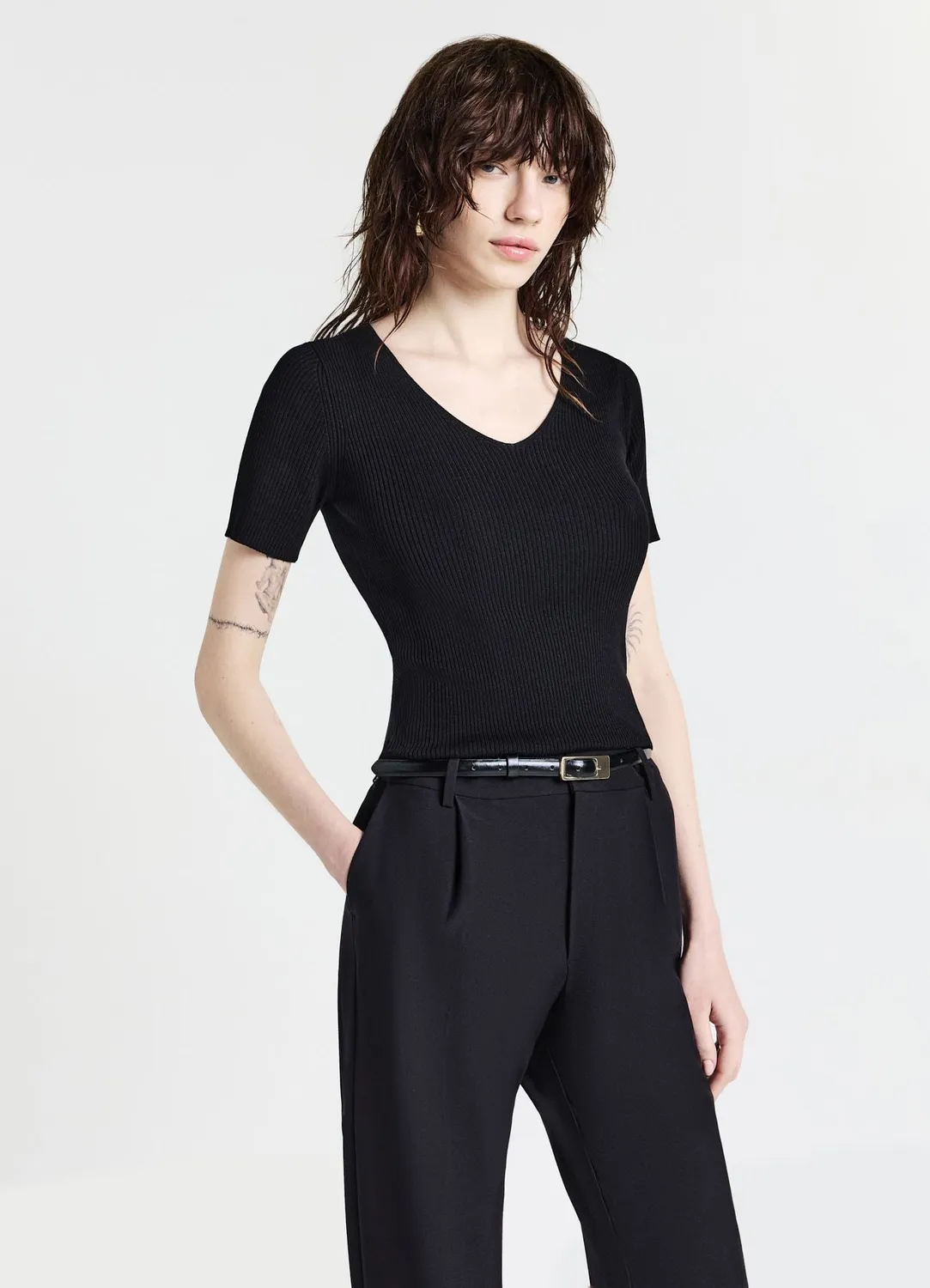 Calliope t-shirt col V femme côtelé uni