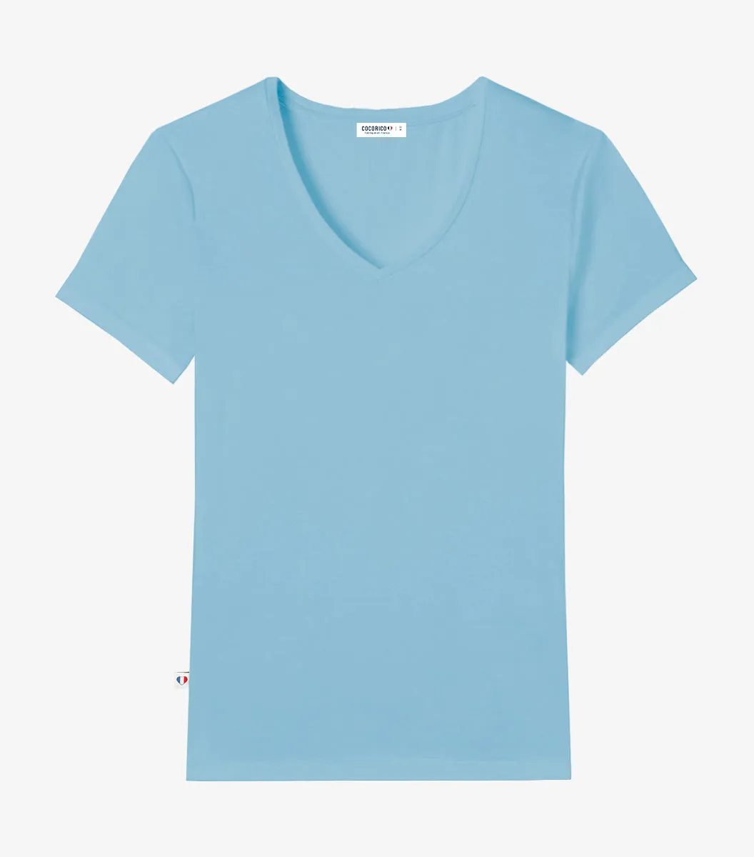 Cocorico Intemporel t-shirt col V femme ciel coton