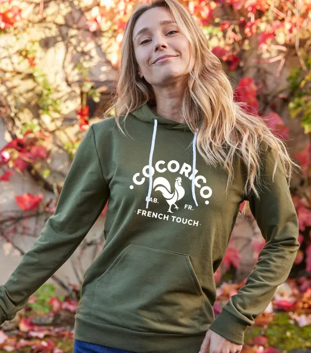 Cocorico Coq Français sweat capuche kaki femme coton
