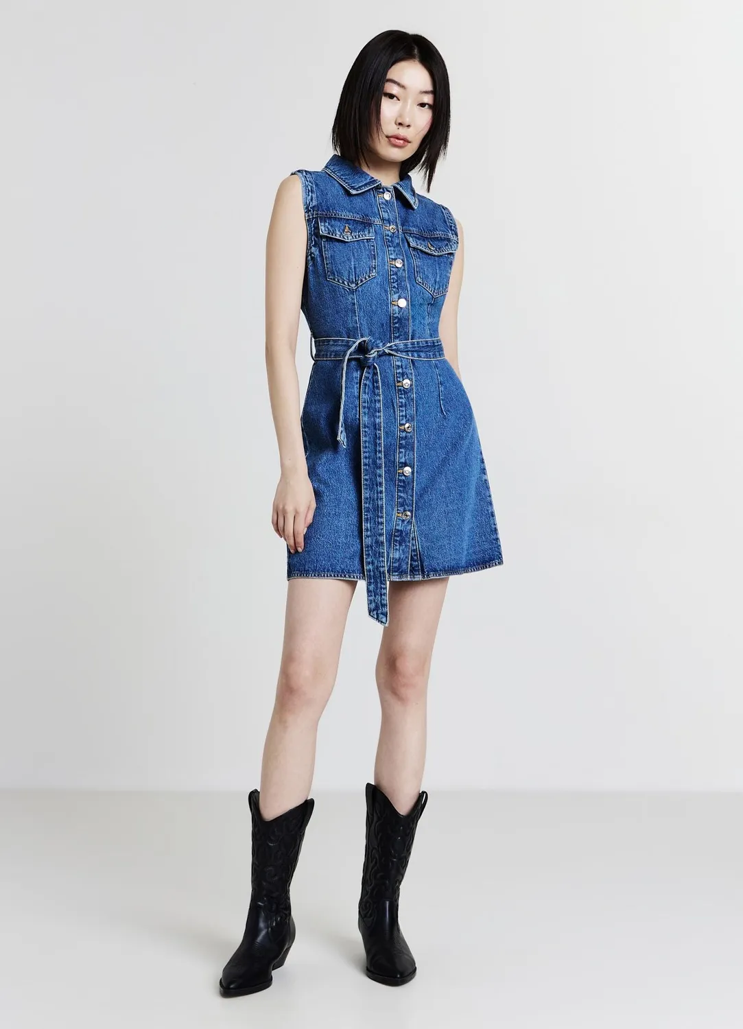Calliope robe denim sans manches col chemise ceinture