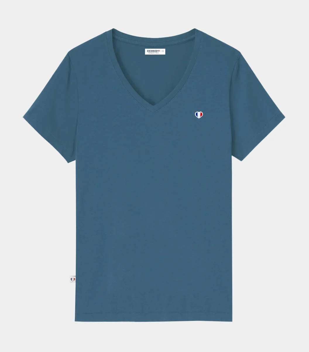 Cocorico Iconique Azur t-shirt femme col V coton peigné
