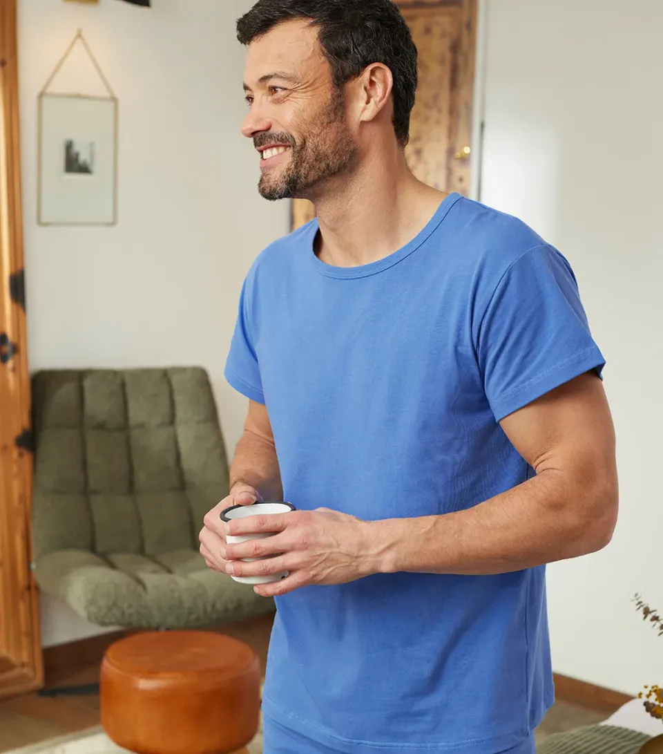 Cocorico Intemporel t-shirt pyjama homme bleu riviera coton