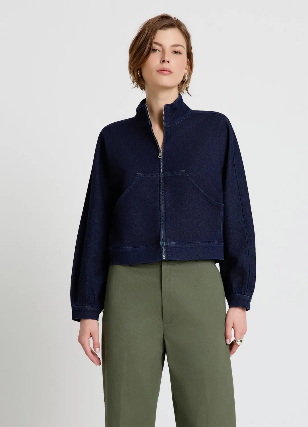 Calliope sweat zippé femme col montant effet denim
