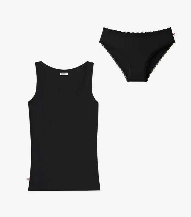 Cocorico Pack Culotte Dentelle Débardeur Femme Noir coton