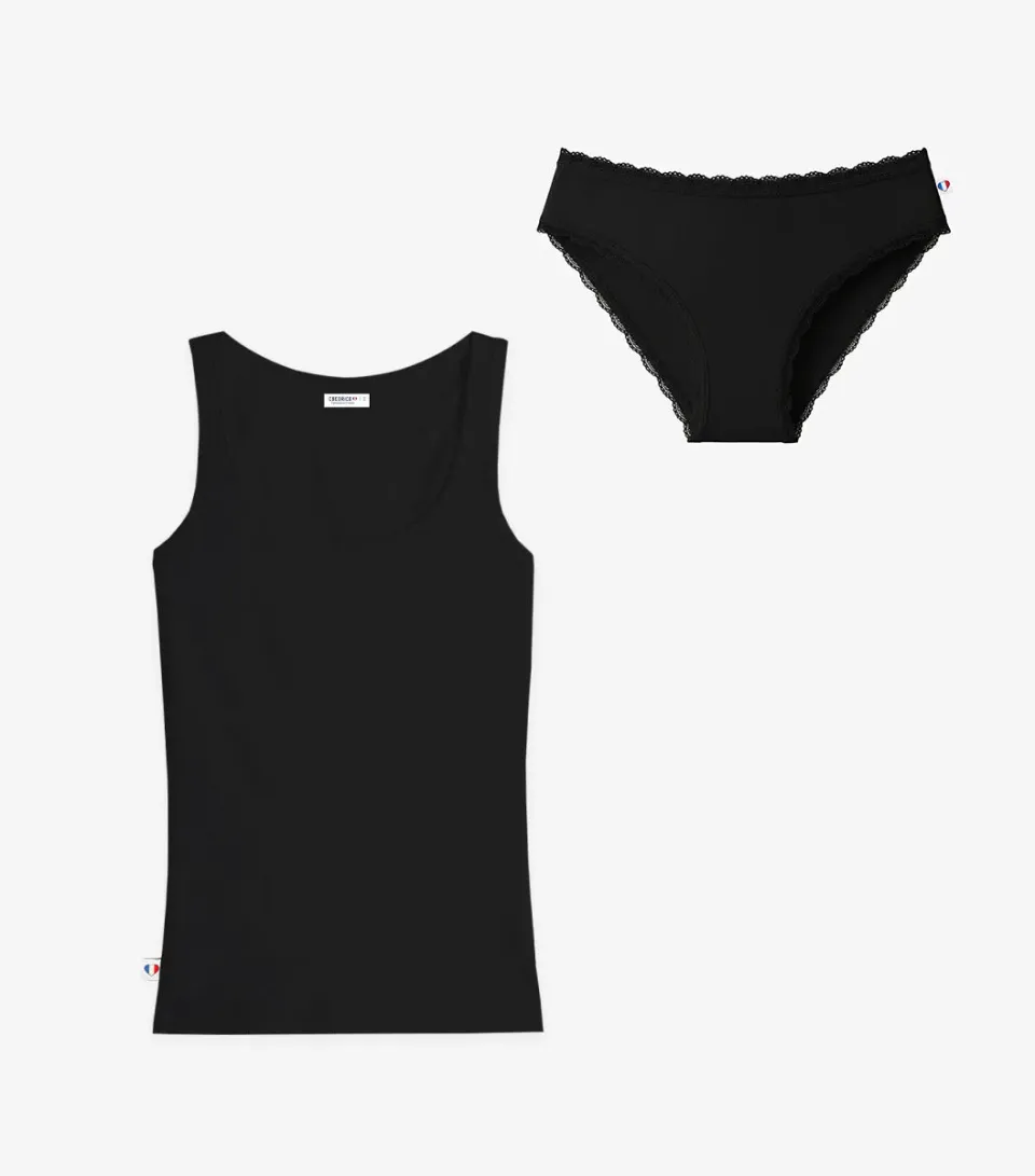 Cocorico Pack Culotte Dentelle Débardeur Femme Noir coton