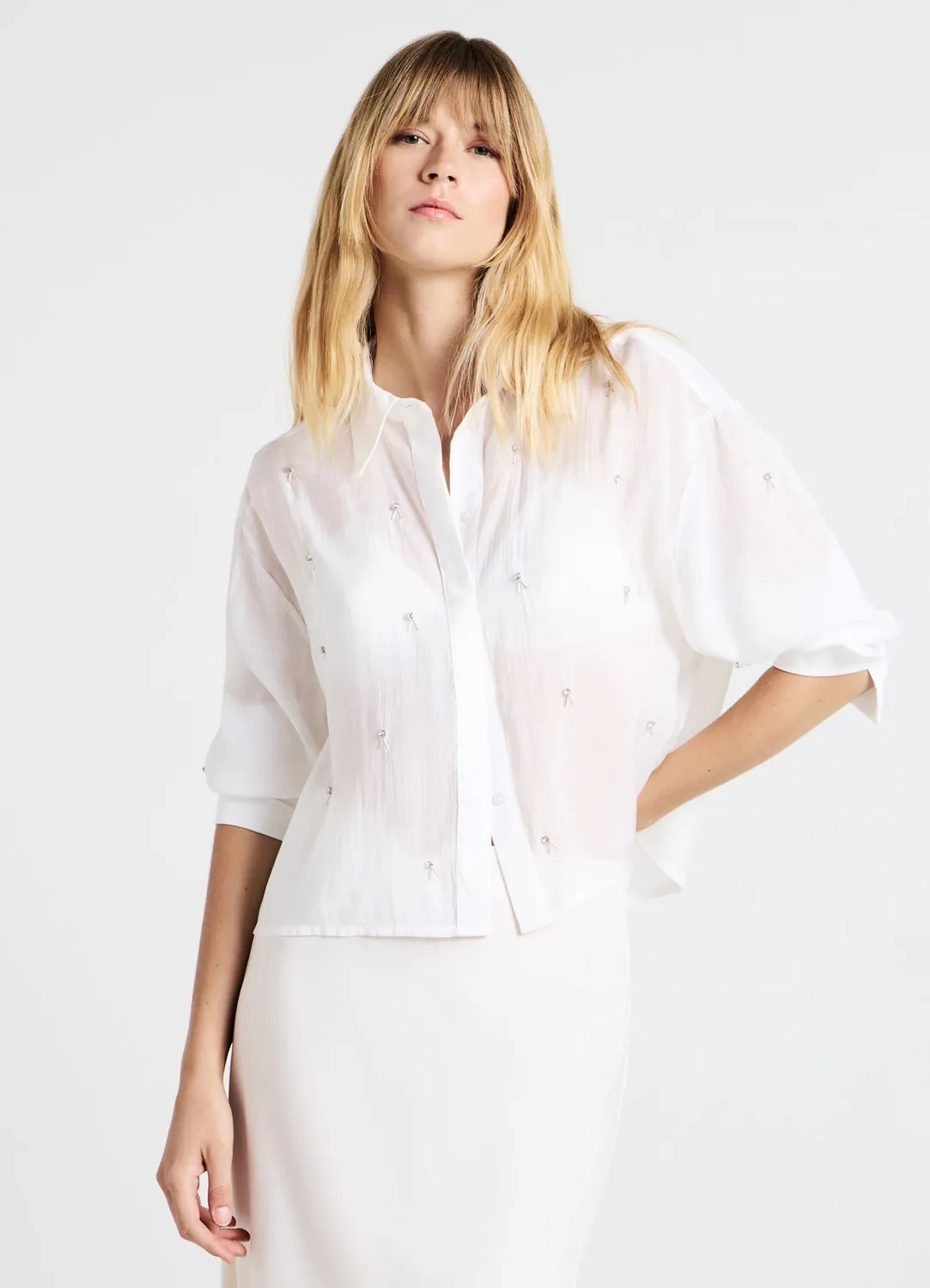 Calliope transparente chemise appliqués boutonnée femme
