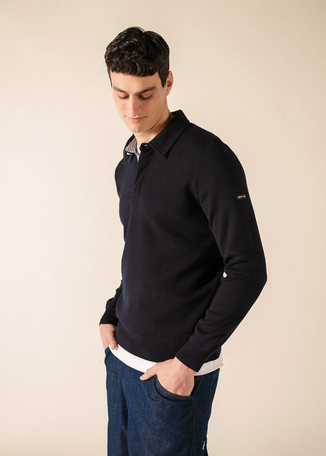 Saint James Baden pull navy col polo laine