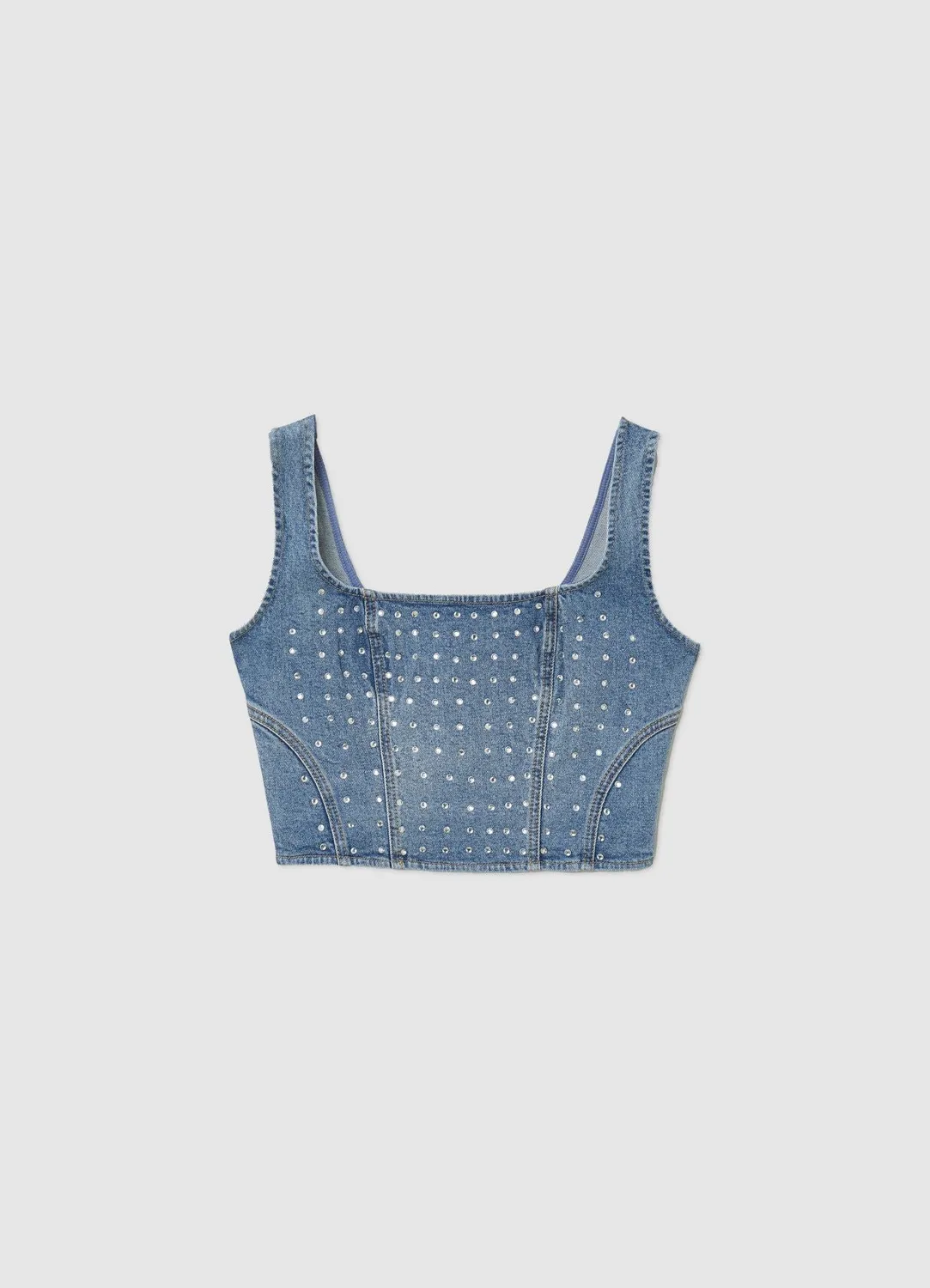 Calliope top crop denim strass bretelles larges