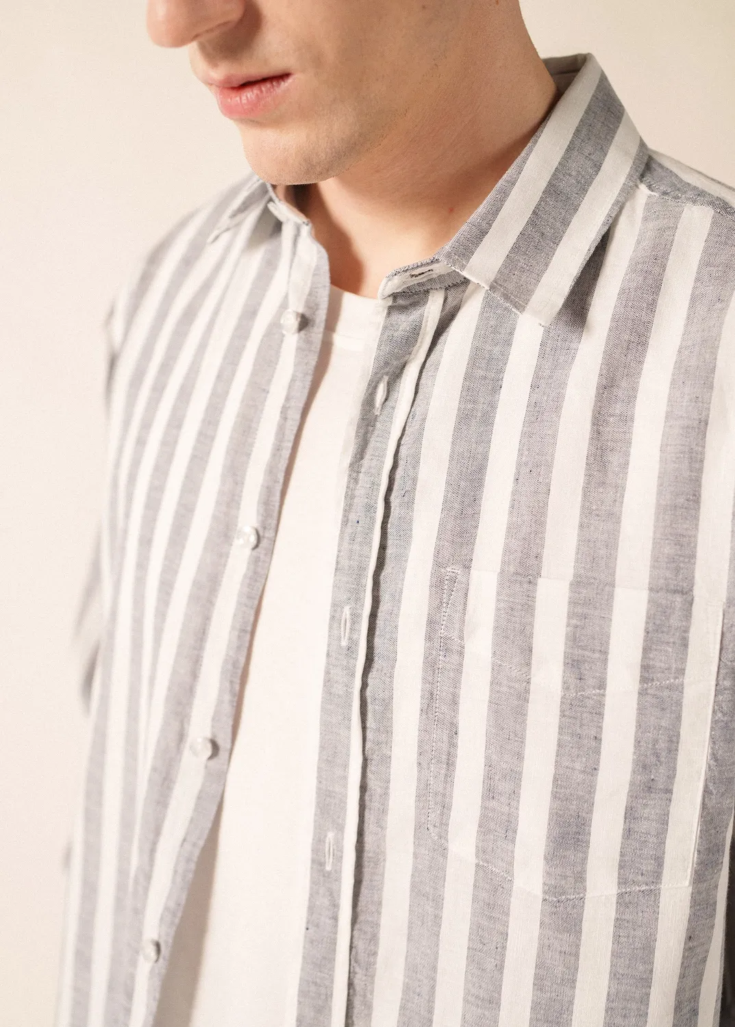 Saint James Jonas chemise rayée BLANC/AMIRAL coton lin