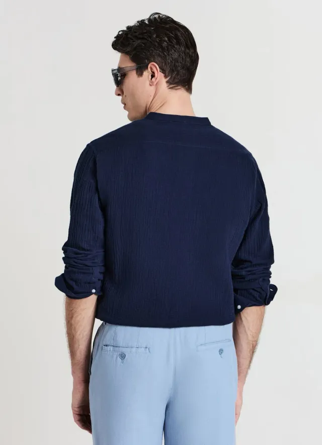 Calliope Chemise homme col coréen coton gaufré manches longues