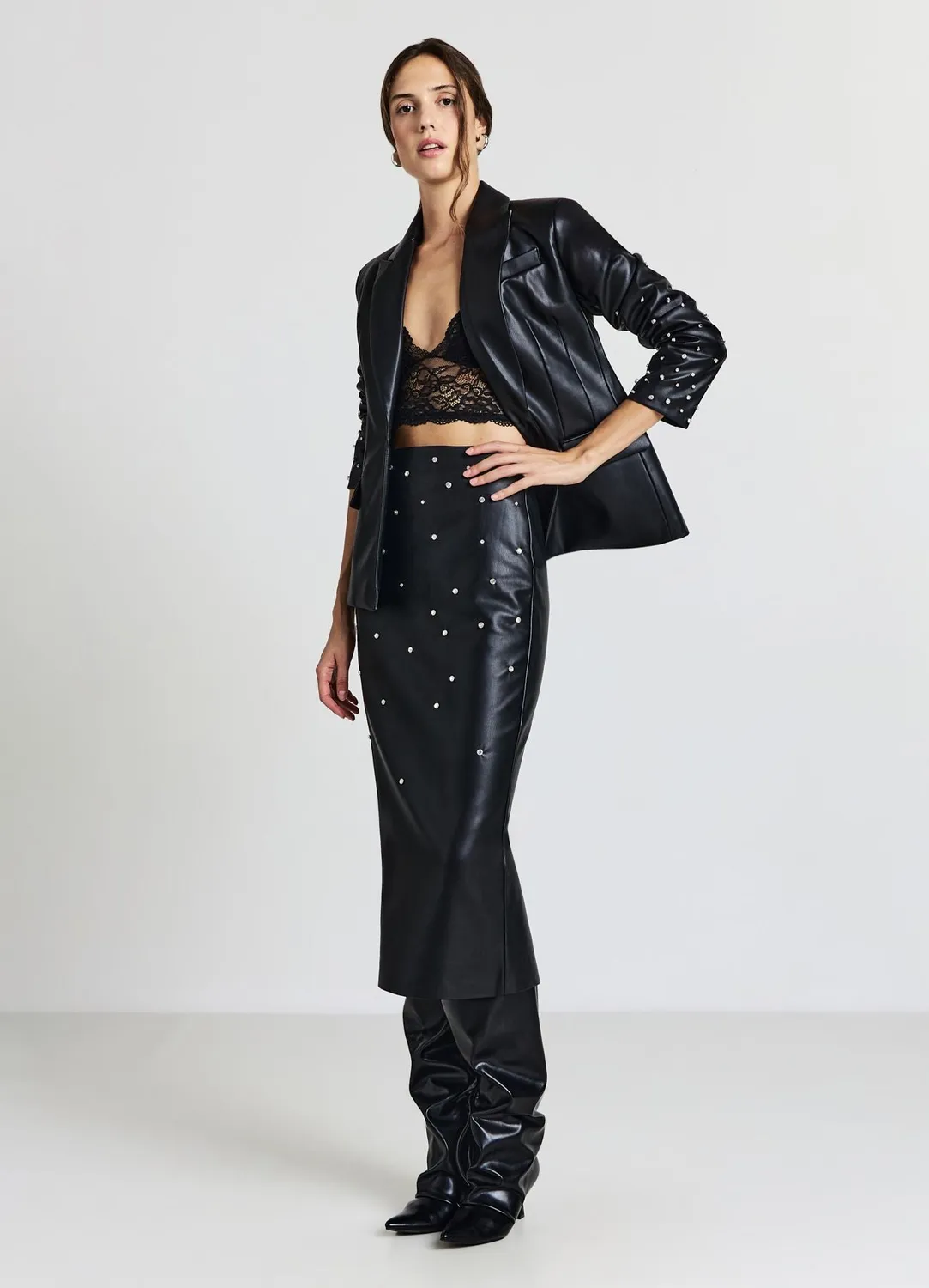 Calliope Strass jupe longuette simili cuir fendue