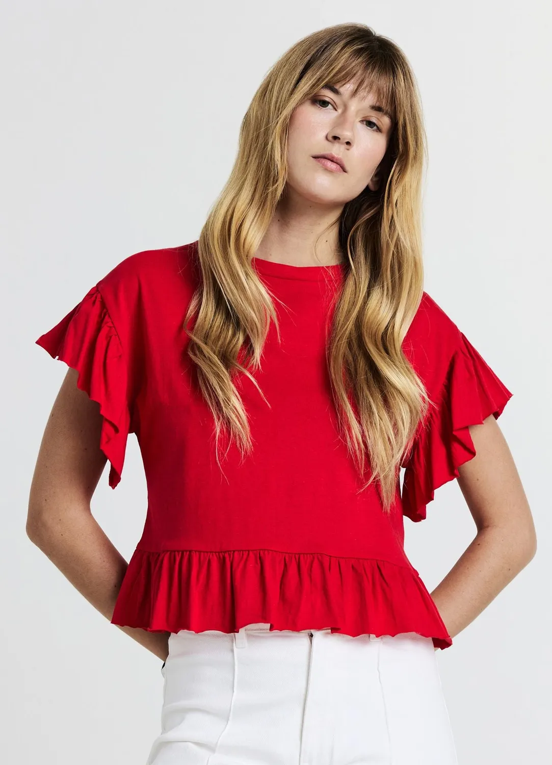 Calliope t-shirt volants coton femme col rond uni