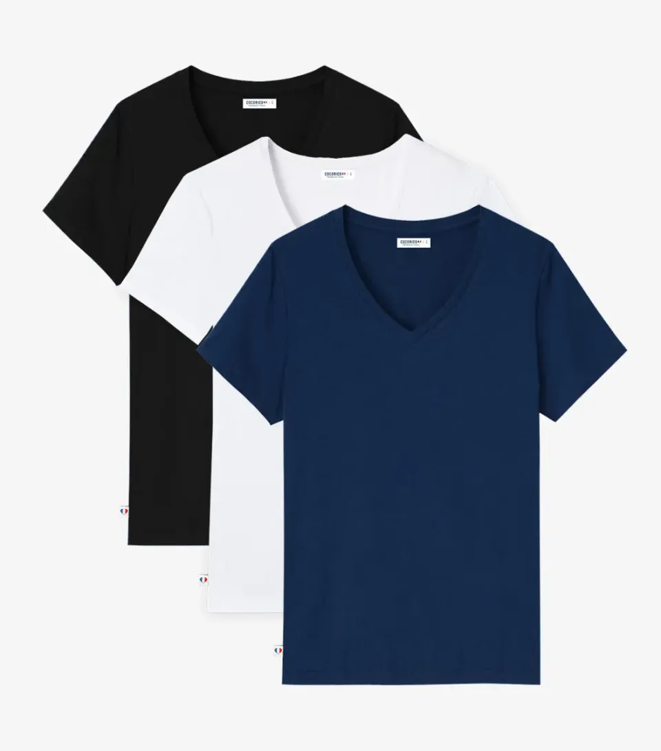Cocorico t-shirt col V femme x3 marine blanc noir coton
