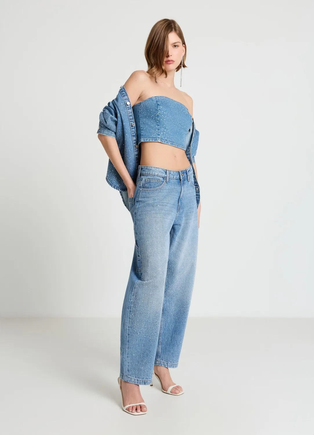 Calliope top bandeau femme denim uni à strass