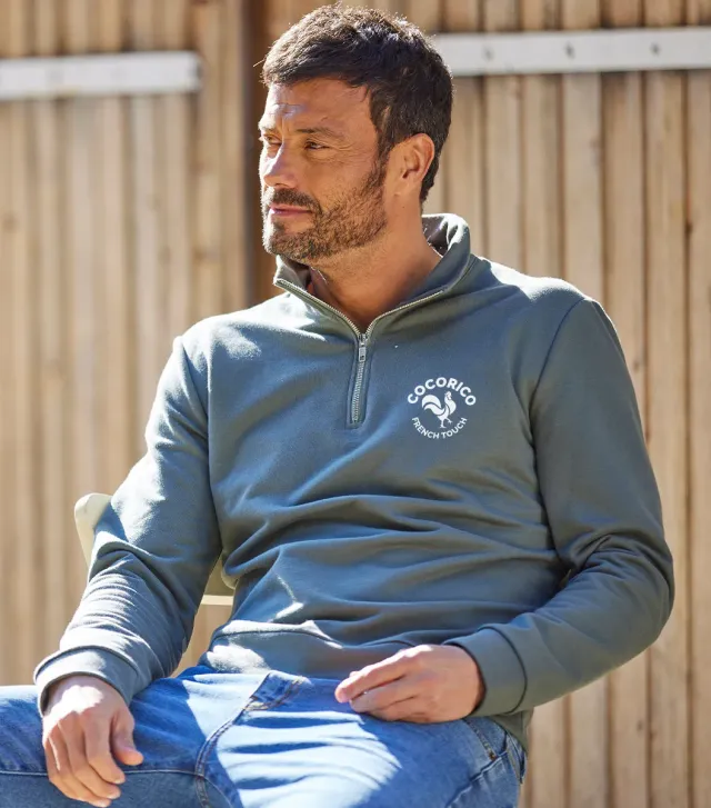 Cocorico Camionneur Coq Français sweat homme sauge molleton