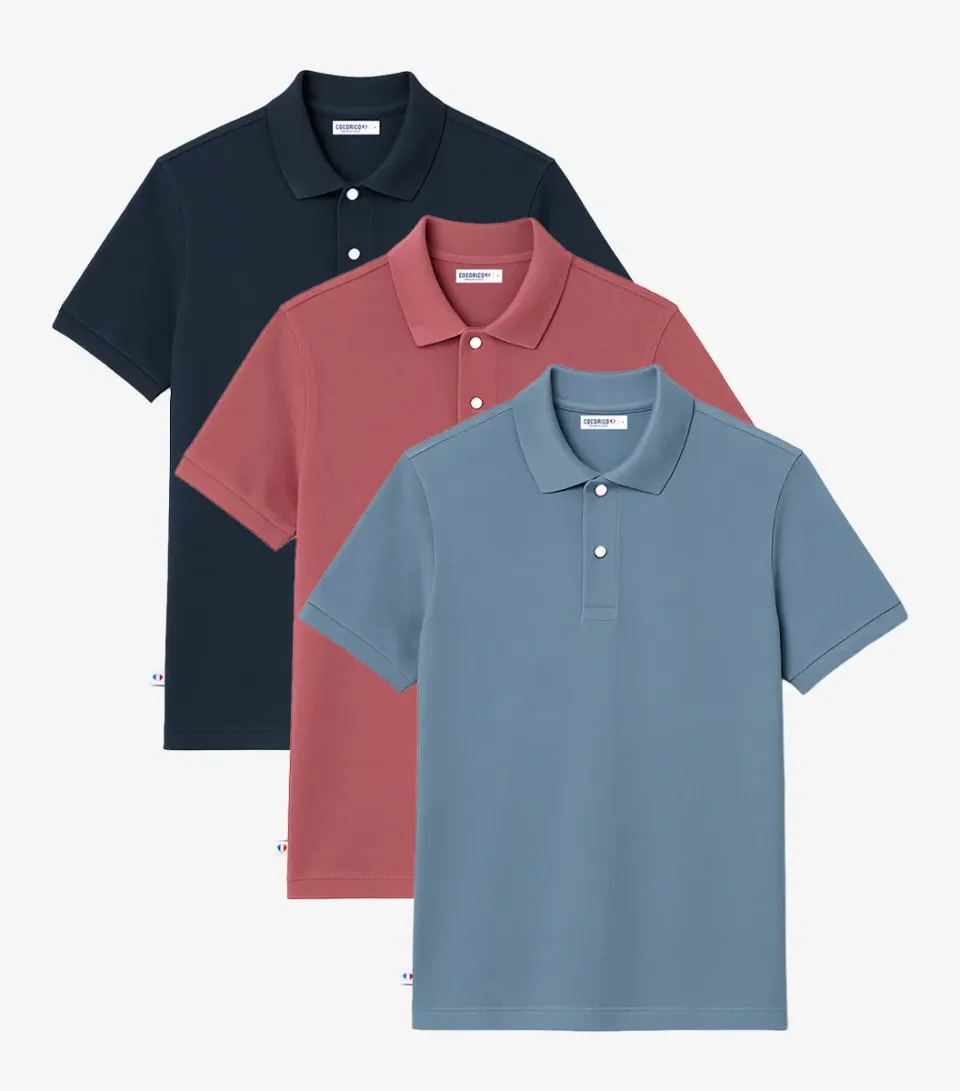 Cocorico polo homme x3 marine azur rose coton