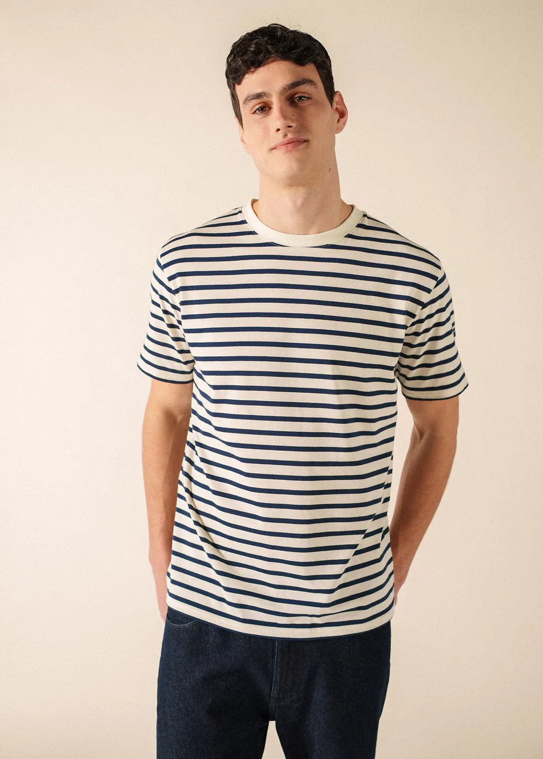 Saint James Plouider mariniere coton ecru marine homme