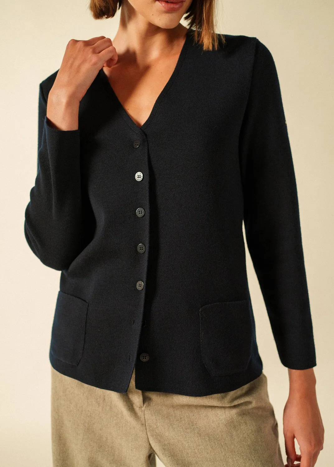 Saint James Blainville gilet navy col V laine poches