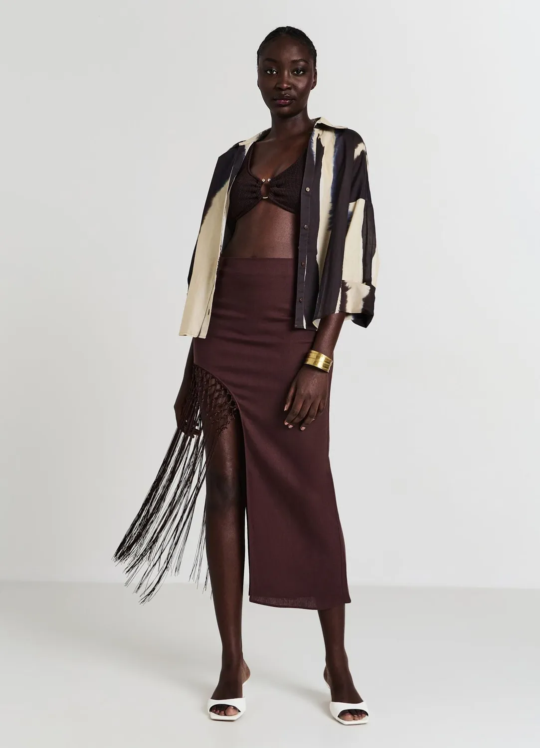 Calliope jupe longue femme lin fente franges