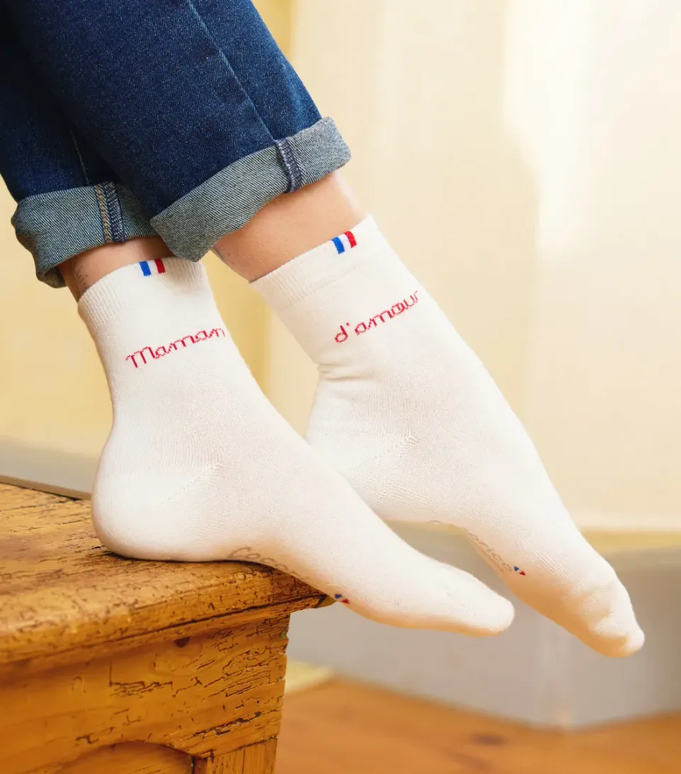 Cocorico Maman d'Amour chaussettes femme blanc coton