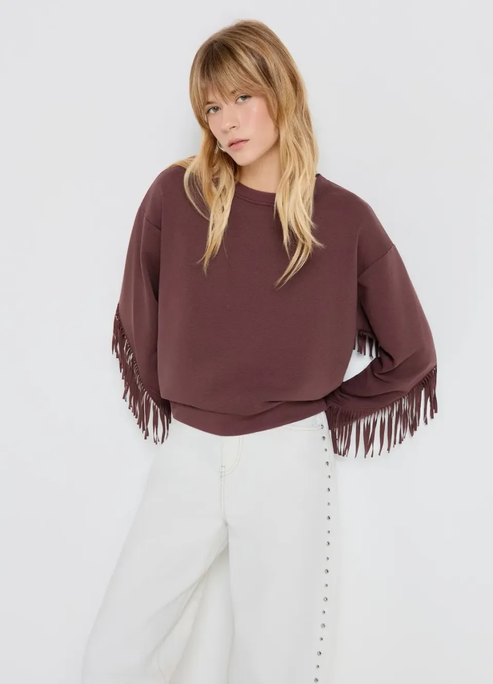 Calliope sweat femme col rond franges bohème