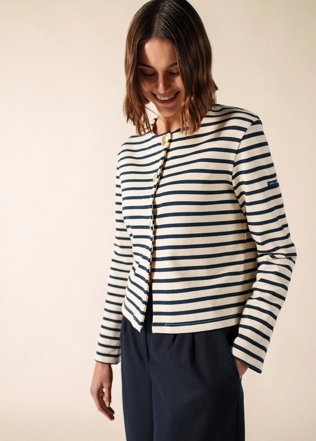 Saint James Gilet Arignac Ecru Marine Coton Rayé Femme